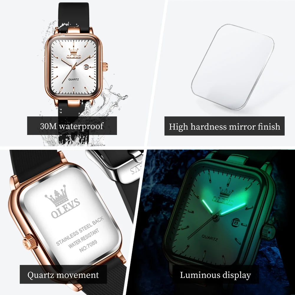 OLEVS 7089 Women's Watches With Gift Box Original Silicone Strap Fashion Square Waterproof Luminous Women's Quartz Wristwatches