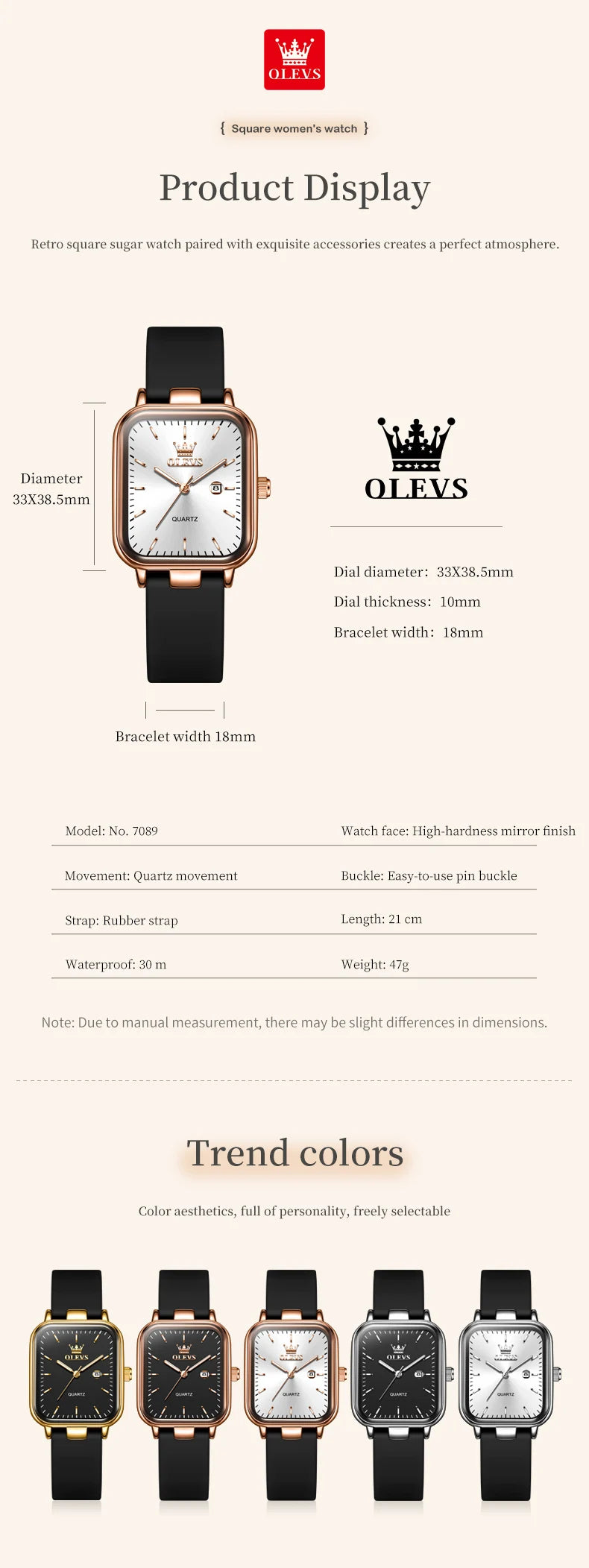 OLEVS 7089 Women's Watches With Gift Box Original Silicone Strap Fashion Square Waterproof Luminous Women's Quartz Wristwatches