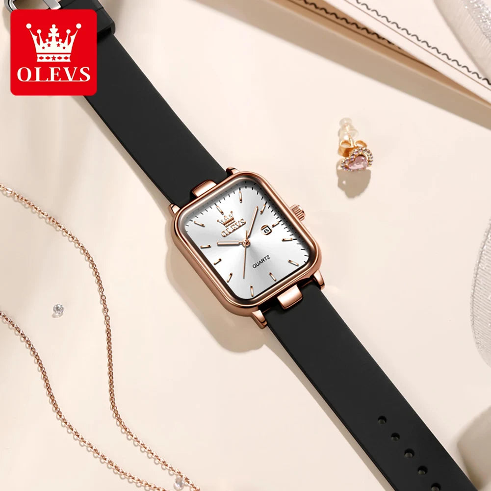 OLEVS 7089 Women's Watches With Gift Box Original Silicone Strap Fashion Square Waterproof Luminous Women's Quartz Wristwatches