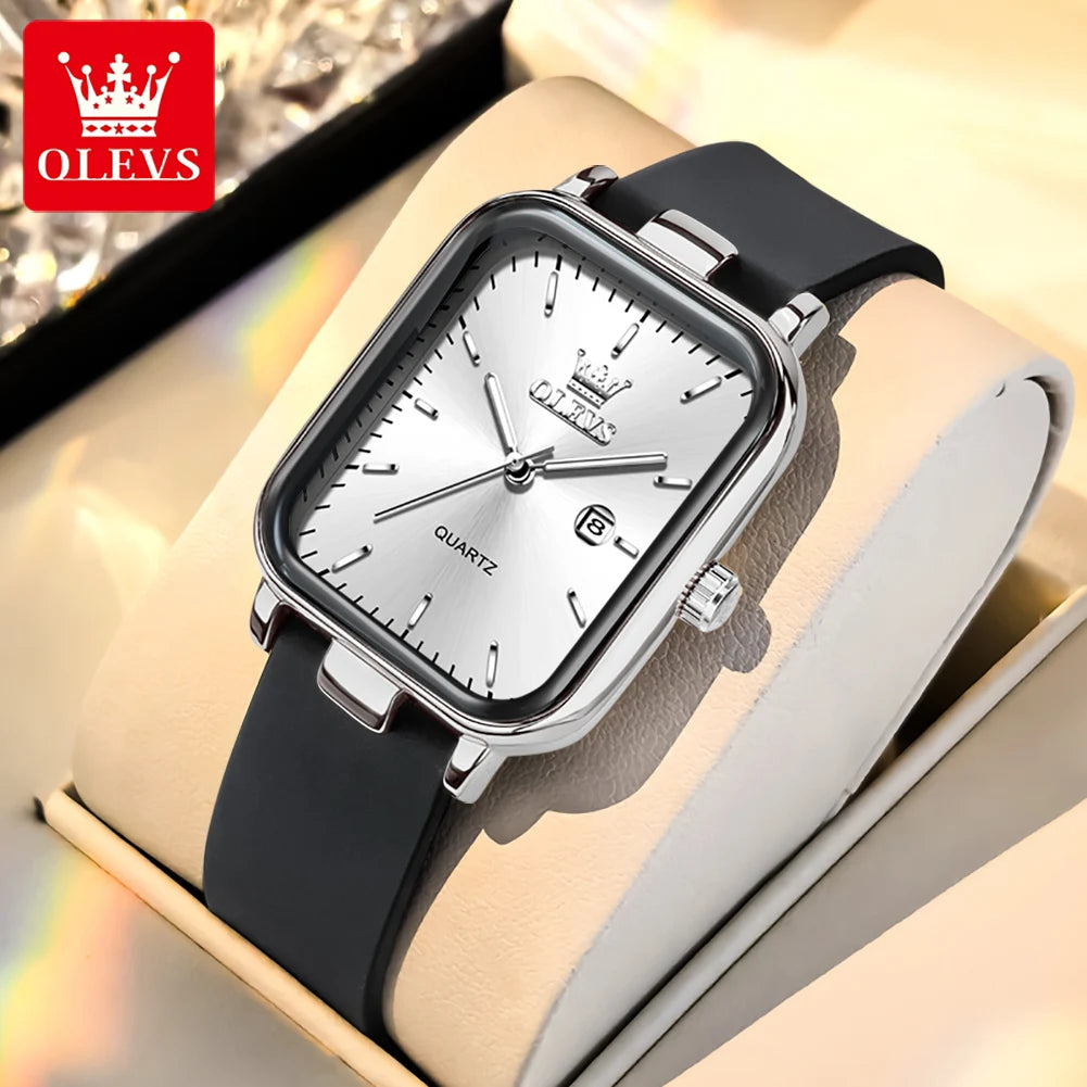 OLEVS 7089 Women's Watches With Gift Box Original Silicone Strap Fashion Square Waterproof Luminous Women's Quartz Wristwatches