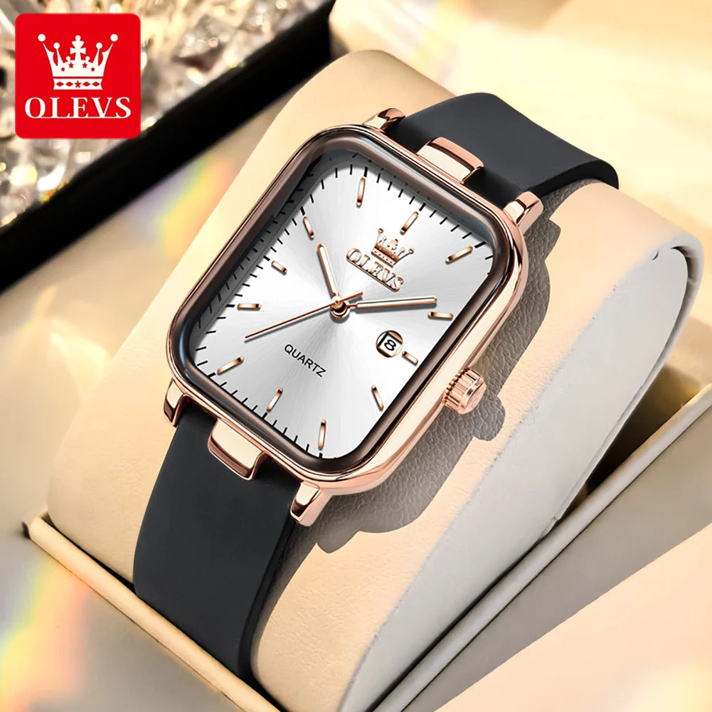 OLEVS 7089 Women's Watches With Gift Box Original Silicone Strap Fashion Square Waterproof Luminous Women's Quartz Wristwatches