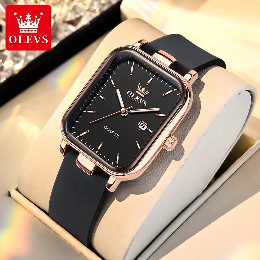 OLEVS 7089 Women's Watches With Gift Box Original Silicone Strap Fashion Square Waterproof Luminous Women's Quartz Wristwatches