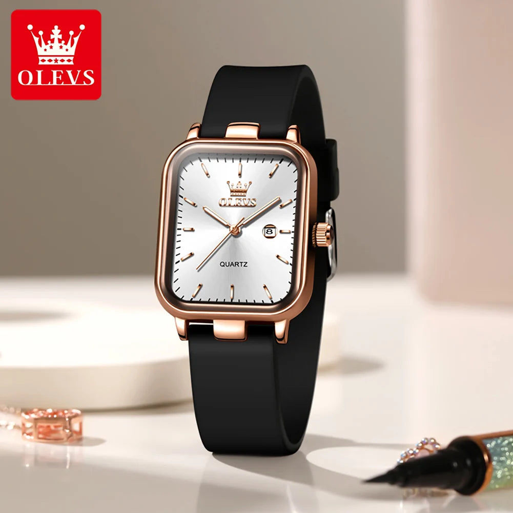 OLEVS 7089 Women's Watches With Gift Box Original Silicone Strap Fashion Square Waterproof Luminous Women's Quartz Wristwatches