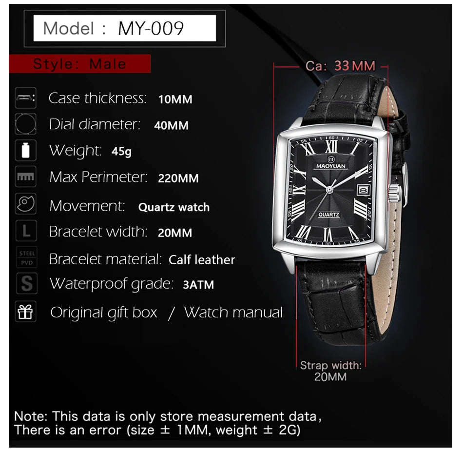 MAOYUAN New Square European and American Casual Leather Quartz Watch Waterproof Sports Calendar Roman Digital watches for man